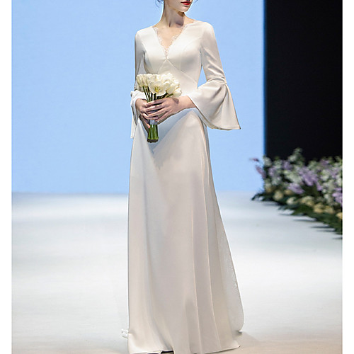 

Sheath / Column Wedding Dresses V Neck Sweep / Brush Train Chiffon Long Sleeve Casual Beach with Lace Insert Embroidery 2021