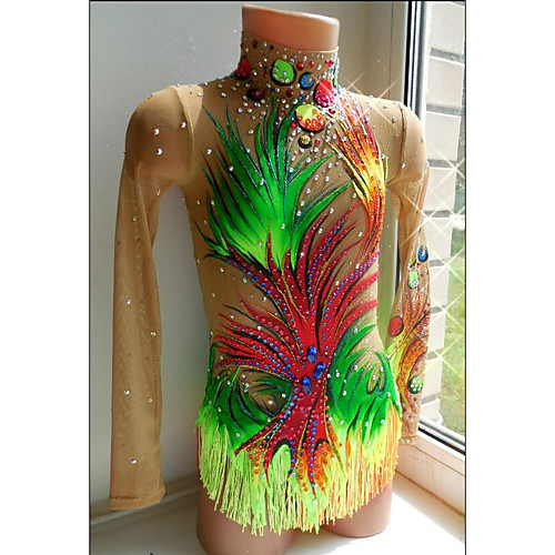 

21Grams Rhythmic Gymnastics Leotards Artistic Gymnastics Leotards Women's Girls' Leotard Green Spandex High Elasticity Breathable Handmade Jeweled Diamond Look Long Sleeve Training Dance Rhythmic