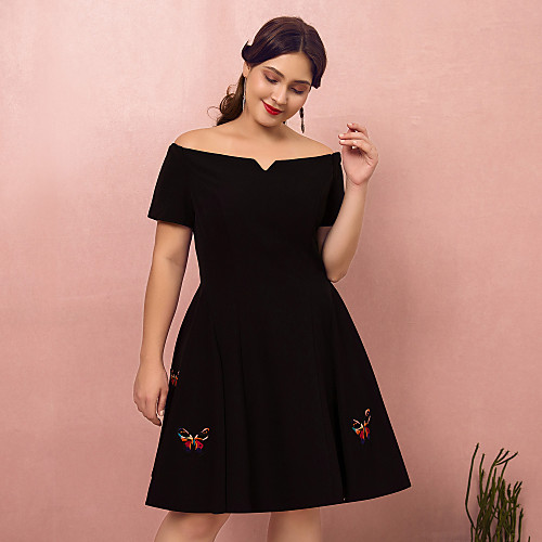 

A-Line Plus Size Homecoming Cocktail Party Dress Off Shoulder Short Sleeve Short / Mini Spandex with Embroidery 2021
