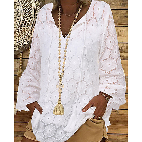 

Women's Blouse Shirt Solid Colored Long Sleeve Lace Hollow Round Neck Tops Basic Top White Black