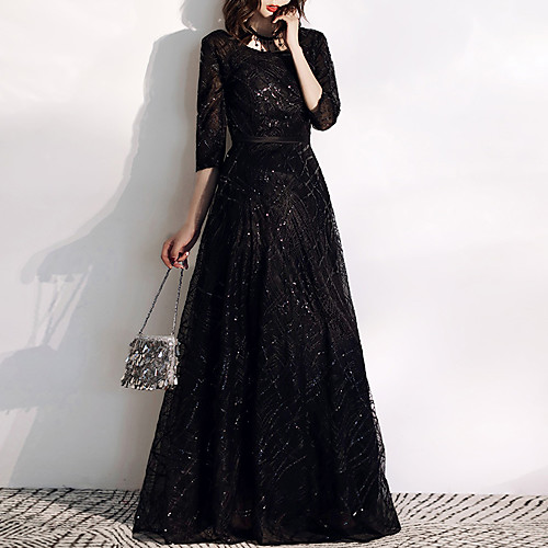 

A-Line Glittering Prom Formal Evening Dress Jewel Neck Half Sleeve Floor Length Tulle Sequined with Sequin Embroidery 2021