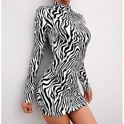 

Women's Mini Sheath Dress - Long Sleeve Striped Turtleneck Slim Black S M L