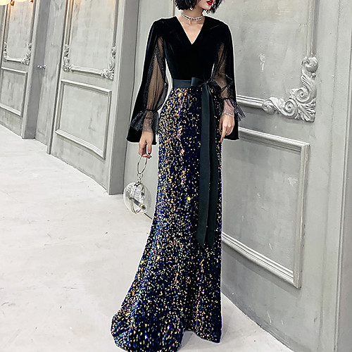 

Mermaid / Trumpet Glittering Prom Formal Evening Dress V Neck Long Sleeve Floor Length Sequined Velvet with Sequin 2021