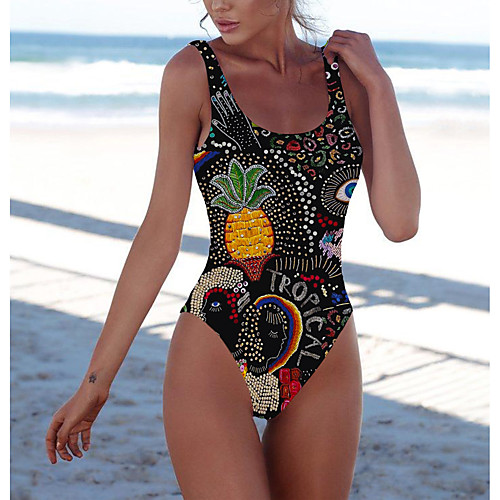 

Women's Sporty Basic Black Triangle Cheeky One-piece Swimwear Swimsuit - Fruit Backless Print S M L Black