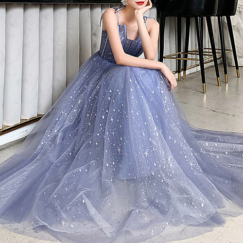 

A-Line Sparkle Prom Formal Evening Dress Spaghetti Strap Sleeveless Floor Length Tulle with Sequin 2021