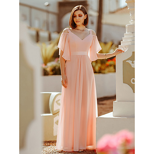 

A-Line Empire Holiday Prom Dress V Neck Short Sleeve Floor Length Chiffon with Ruffles 2021