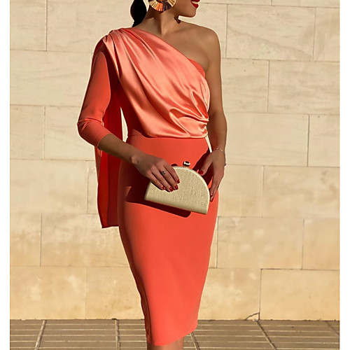 

Sheath / Column Elegant Vintage Wedding Guest Cocktail Party Dress One Shoulder 3/4 Length Sleeve Knee Length Stretch Fabric with Draping 2021
