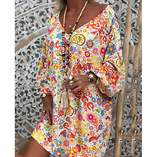 

Women's A Line Dress Knee Length Dress White Black Long Sleeve Floral Floral V Neck Hot Boho vacation dresses S M L XL XXL 3XL