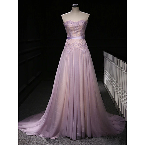 

A-Line Elegant Engagement Formal Evening Dress Strapless Sleeveless Court Train Polyester with Beading Lace Insert Appliques 2021