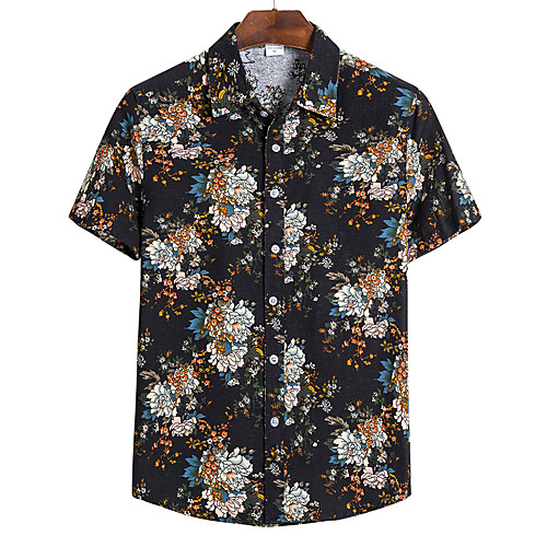 

Men's Floral Color Block Print Shirt Basic Tropical Daily Going out Black / Short Sleeve