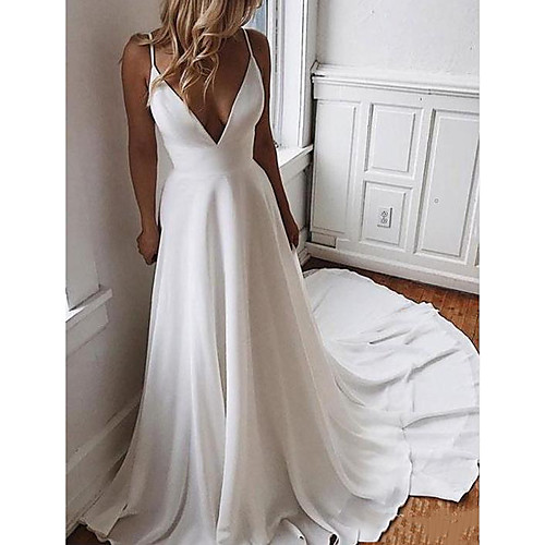 

A-Line Wedding Dresses V Neck Sweep / Brush Train Satin Sleeveless Boho Sexy Plus Size with Appliques 2021