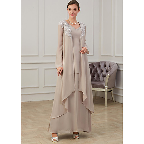 

A-Line Mother of the Bride Dress Elegant Jewel Neck Floor Length Polyester Long Sleeve with Appliques 2021