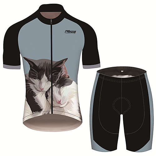 

21Grams Men's Short Sleeve Cycling Jersey with Shorts Spandex Black / Blue Cat Patchwork Animal Bike UV Resistant Quick Dry Breathable Sports Cat Mountain Bike MTB Road Bike Cycling Clothing Apparel