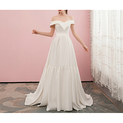 

A-Line Wedding Dresses Off Shoulder Sweep / Brush Train Satin Cap Sleeve Simple Elegant with Bow(s) 2021