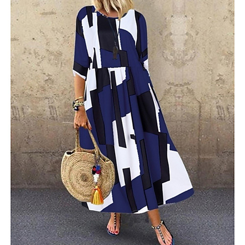 

Women's Loose Maxi long Dress Blue Red Blushing Pink Half Sleeve Geometric Round Neck Hot S M L XL XXL 3XL / Plus Size