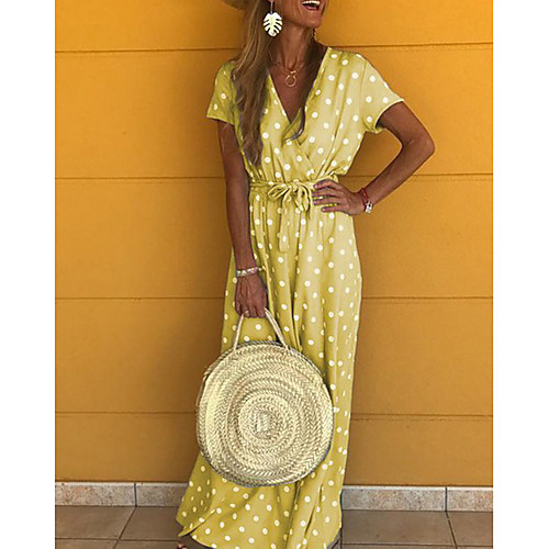 

Women's Maxi Tunic Dress - Short Sleeves Polka Dot V Neck Yellow Blushing Pink Gray Light Blue S M L XL XXL