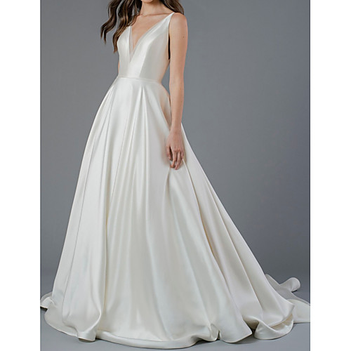 

A-Line Wedding Dresses V Neck Court Train Polyester Sleeveless Country Plus Size with Draping 2021