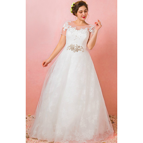 

A-Line Wedding Dresses Jewel Neck Floor Length Lace Satin Tulle Short Sleeve Formal Plus Size with Lace Crystals Appliques 2021