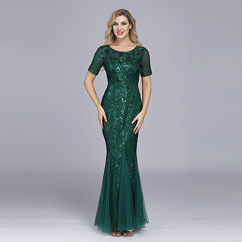 

Mermaid / Trumpet Sparkle Sexy Wedding Guest Formal Evening Dress Jewel Neck Short Sleeve Floor Length Tulle Sequined with Sequin 2021