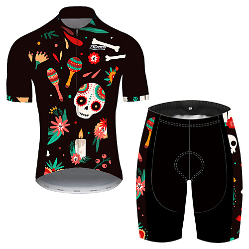 

21Grams Men's Short Sleeve Cycling Jersey with Shorts Spandex Polyester Black / Red Skull Floral Botanical Bike Clothing Suit UV Resistant Breathable Quick Dry Sweat-wicking Sports Skull Mountain