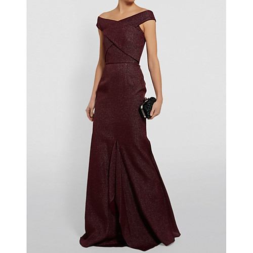 

Mermaid / Trumpet Mother of the Bride Dress Sexy Off Shoulder Floor Length Polyester Short Sleeve with Criss Cross Split Front 2021