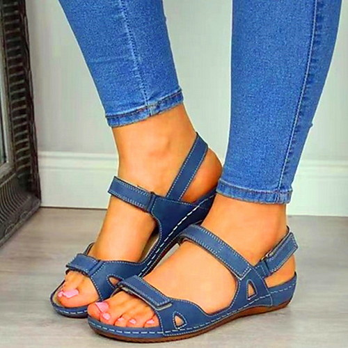 

Women's Sandals Flat Sandal Summer Flat Heel Peep Toe Daily PU Red / Blue / Brown