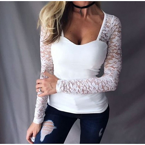 

Women's T shirt Solid Colored Long Sleeve Patchwork Lace Trims Round Neck Tops Basic Top White Black Red