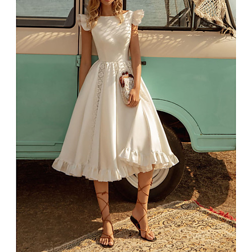 

A-Line Wedding Dresses Off Shoulder Tea Length Lace Stretch Satin Jersey Short Sleeve Country Plus Size with Lace Insert Cascading Ruffles 2021