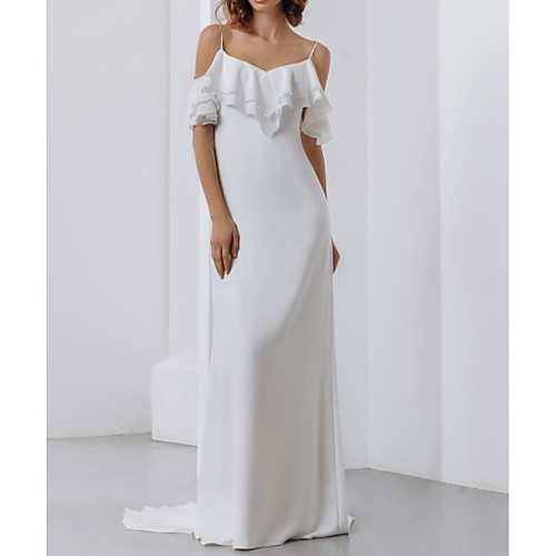 

Sheath / Column Wedding Dresses Spaghetti Strap Sweep / Brush Train Stretch Satin Short Sleeve Country Plus Size with Cascading Ruffles 2021