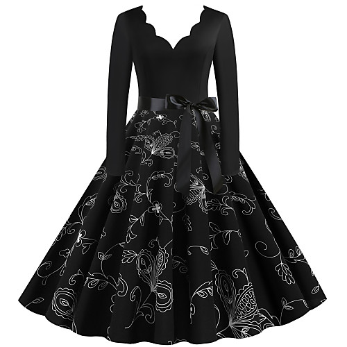 

Women's Sheath Dress - Long Sleeve Floral Geometric Print Print V Neck Street chic Daily Going out Black S M L XL XXL XXXL