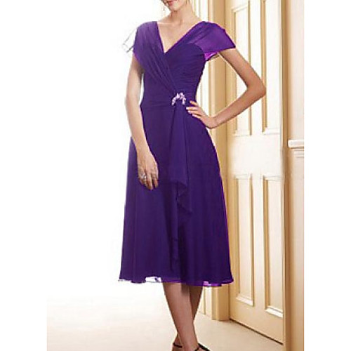 

A-Line Mother of the Bride Dress Elegant V Neck Tea Length Chiffon Satin Short Sleeve with Pleats Sequin 2021