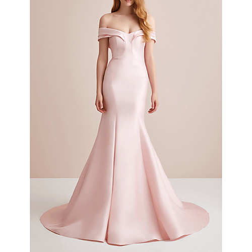 

Mermaid / Trumpet Elegant Engagement Formal Evening Dress Off Shoulder Sleeveless Court Train Satin with Sleek 2021