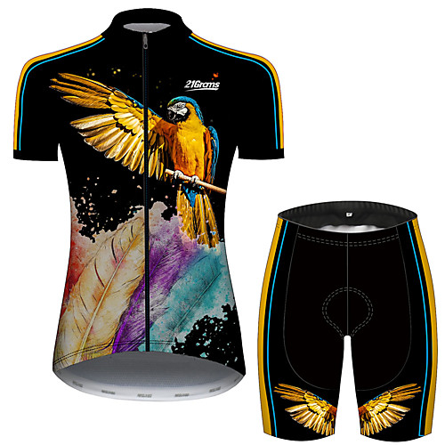 

21Grams Women's Short Sleeve Cycling Jersey with Shorts Black / Yellow Animal Feather Parrot Bike Clothing Suit Breathable Quick Dry Ultraviolet Resistant Sweat-wicking Sports Animal Mountain Bike