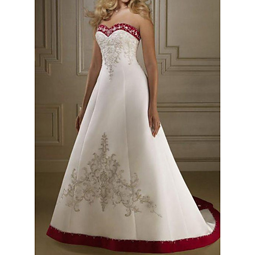 

A-Line Wedding Dresses Sweetheart Neckline Sweep / Brush Train Polyester Strapless Country Plus Size with Bow(s) Appliques 2021