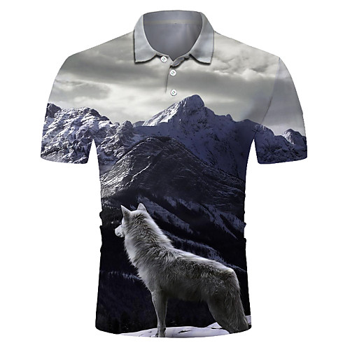 

Men's Color Block Animal Wolf Print Slim Polo Rock Exaggerated Club Weekend Shirt Collar Gray / Short Sleeve