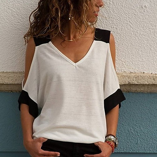 

Women's Color Block Lace Cut Out Patchwork T-shirt Daily V Neck White / Yellow / Orange