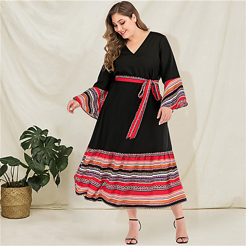 

Women's Plus Size Maxi A Line Dress - Long Sleeve Striped Tie Dye Solid Color Patchwork Spring & Summer Fall & Winter V Neck Casual Boho Daily Going out Flare Cuff Sleeve Loose Black L XL XXL XXXL
