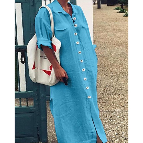 

Women's Maxi Shirt Dress - Half Sleeve Solid Color Shirt Collar White Blue Fuchsia S M L XL