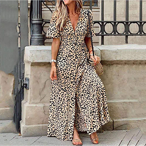 

Women's Maxi long Dress - Short Sleeves Leopard Print Summer Deep V Holiday Vacation High Waist Yellow S M L XL XXL XXXL XXXXL XXXXXL