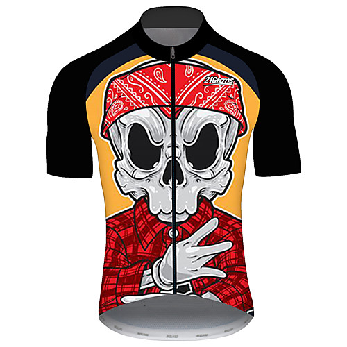 

21Grams Men's Short Sleeve Cycling Jersey Black / Red Plaid Checkered Novelty Skull Bike Jersey Top Mountain Bike MTB Road Bike Cycling UV Resistant Quick Dry Breathable Sports Clothing Apparel