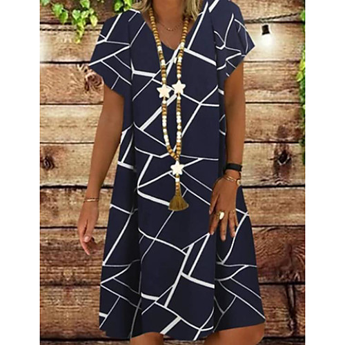 

Women's Shift Dress Knee Length Dress White Black Blue Brown Short Sleeve Striped V Neck S M L XL XXL 3XL