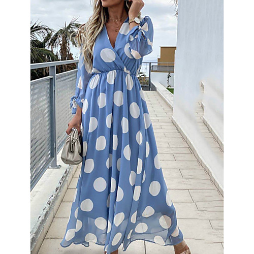 

Women's Maxi A Line Dress - Long Sleeve Polka Dot Spring Summer V Neck Holiday Vacation White Green Light Blue S M L XL