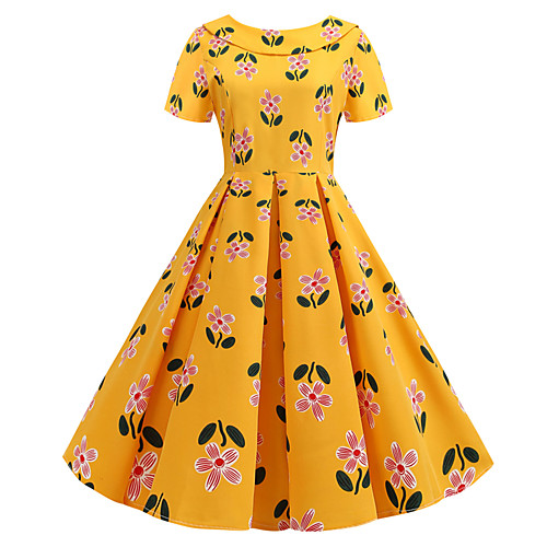 

Women's Swing Dress - Short Sleeves Floral Print Patchwork Print Shirt Collar Vintage Style Street chic Party Daily Belt Not Included Yellow S M L XL XXL / Cotton