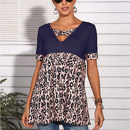 

Women's T shirt Color Block Leopard Cheetah Print Criss Cross Print Round Neck Tops Basic Top Black Blushing Pink Navy Blue