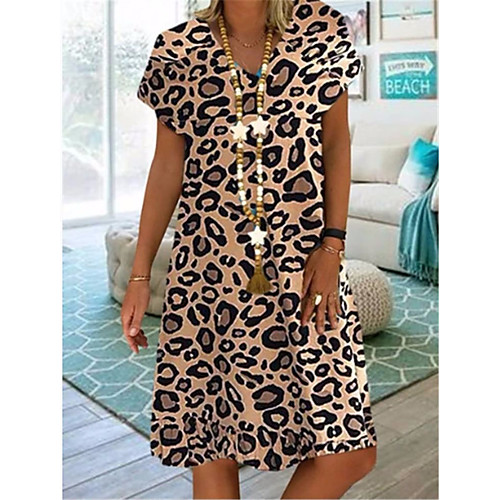 

Women's Shift Dress - Short Sleeves Leopard V Neck White Red Khaki Green S M L XL XXL XXXL