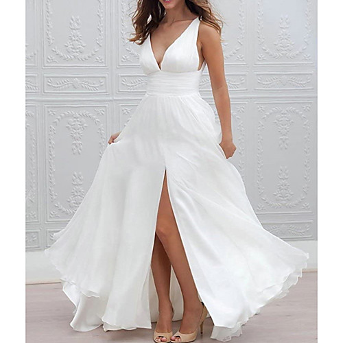 

A-Line Wedding Dresses Plunging Neck Sweep / Brush Train Chiffon Taffeta Stretch Satin Sleeveless Country Plus Size with Ruched Split Front 2021