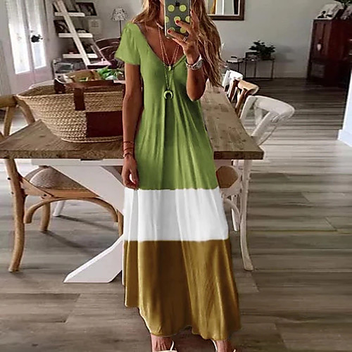 

Women's Swing Dress Blue & White Maxi long Dress - Short Sleeves Color Block Basic V Neck Casual Boho Daily Holiday Loose Blue Red Green Brown Gray S M L XL XXL XXXL