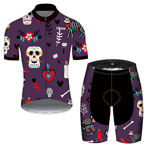 

21Grams Men's Short Sleeve Cycling Jersey with Shorts Spandex Violet Skull Floral Botanical Bike UV Resistant Quick Dry Breathable Sports Skull Mountain Bike MTB Road Bike Cycling Clothing Apparel