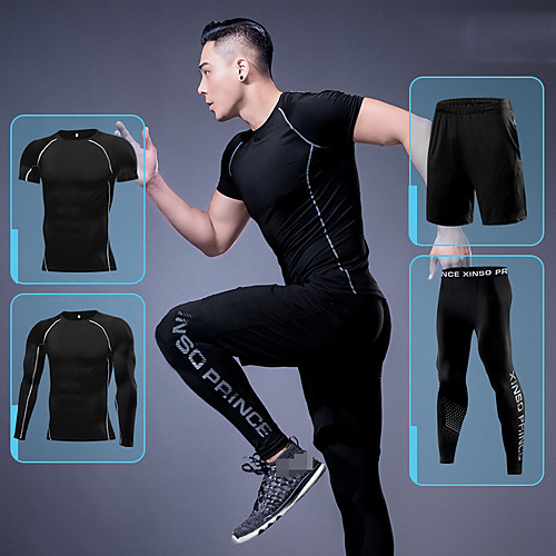 

Men's Patchwork Activewear Set Workout Outfits Compression Suit Athletic Athleisure 4pcs Long Sleeve Elastane Thermal Warm Moisture Wicking Quick Dry Fitness Gym Workout Running Active Training