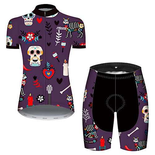 

21Grams Women's Short Sleeve Cycling Jersey with Shorts Spandex Polyester Violet Skull Floral Botanical Bike Clothing Suit Breathable Quick Dry Ultraviolet Resistant Sweat-wicking Sports Skull